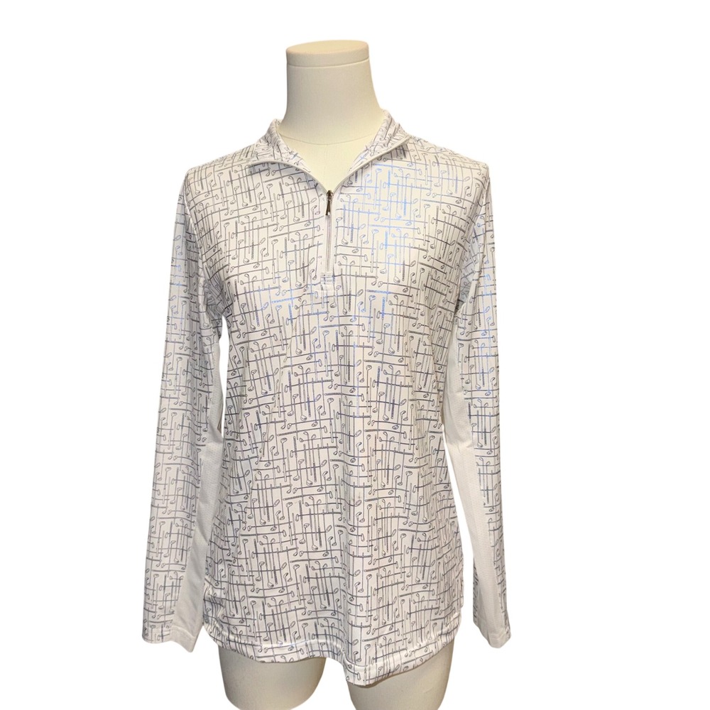 SanSoleil Quarter Zip Top Women XS White Golf Club Print Excellent UPF 50 Long
